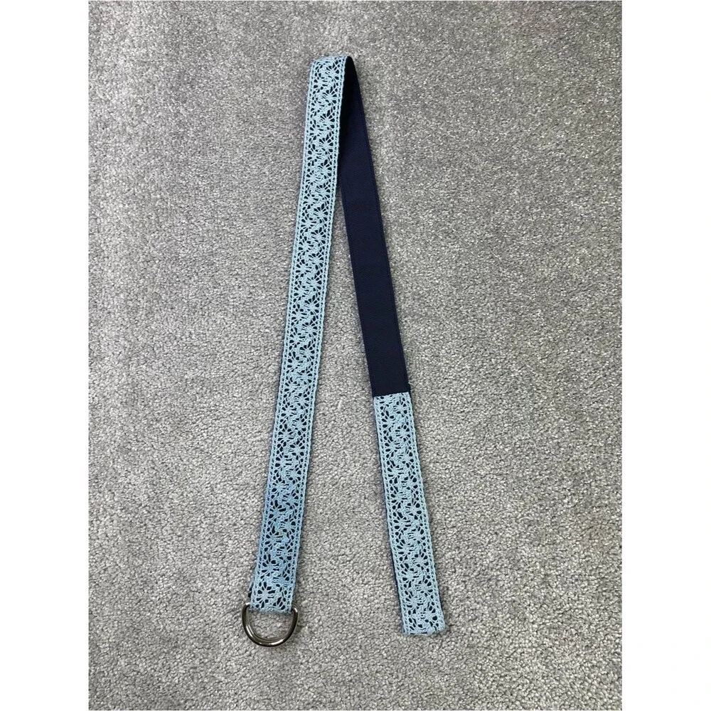 Talbots Lace Overlay D-Ring Belt Light Blue Navy Adjustable Size Large 44 In
